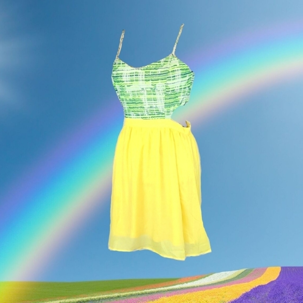 Retro Sundress Women's Yellow Green Vintage Summer Cutout Dress Size M